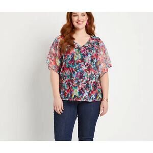 Adele & May Silky Layered Blouse Tank Top 3X Short Sleeve Floral Semi-Casual
